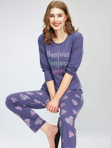 ZEYO Night Suit for Women's Blue Heart & Floral Printed Cotton Night Dress of Top and Pajama set