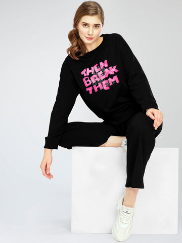 ZEYO Women's Cotton Black Track Suit Typography Printed Sweatshirt Co-ords set