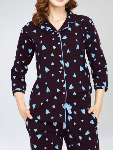 ZEYO Night Suit for Women's Wine Berry Heart Printed Cotton Night Dress of Shirt and Pajama set