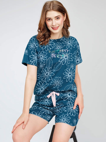 ZEYO Night Suit for Women's Teal Blue Floral Printed Cotton Night Dress of Top and Short's set