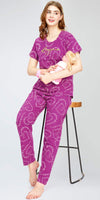 ZEYO Women's Cotton Heart Printed Purple Nursing & Maternity Night Suit Set of Top & Pyjama Feeding Night Dress