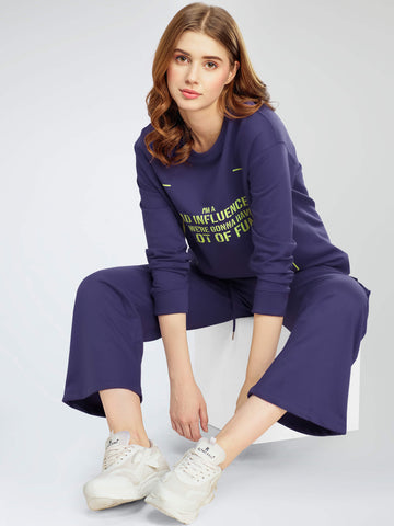 ZEYO Women's Cotton Blue Track Suit Typography Printed Sweatshirt Co-ords set