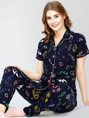 ZEYO Night Suit for Women's Navy Blue Printed Cotton Night Dress of Shirt and Pajama set