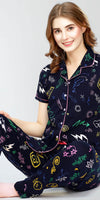 ZEYO Night Suit for Women's Navy Blue Printed Cotton Night Dress of Shirt and Pajama set