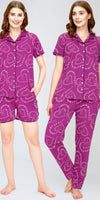 ZEYO Night Suit for Women's Purple Heart Printed Cotton Night Dress of Shirt,Pajama & Short's 3Pc'S Set