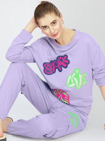 ZEYO Women's Cotton Violet Track Suit Typography Printed Sweatshirt Co-ords set