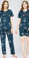 ZEYO Night Suit for Women's Teal Green Cheetah & Floral Printed Cotton Night Dress of Top,Pajama & Short's 3Pc'S Set
