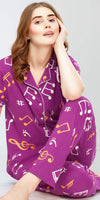 ZEYO Night Suit for Women's Purple Musical Note's Printed Cotton Night Dress of Shirt and Pajama set