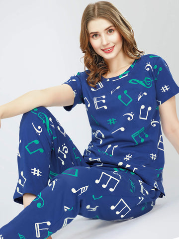 ZEYO Night Suit for Women's Blue Musical Notes Printed Cotton Night Dress of Top and Pajama set