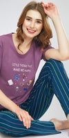 ZEYO Night Suit for Women's Mauve Stripe Printed Cotton Night Dress of Top and Pajama set
