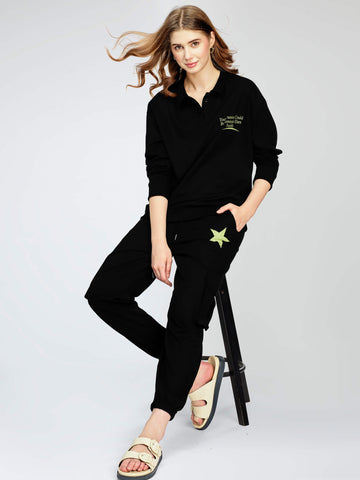 ZEYO Women's Cotton Black Track Suit Star & Typography Printed Sweatshirt Co-ords set