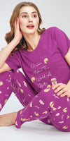 ZEYO Night Suit for Women's Purple Cookies & Cup Printed Cotton Night Dress of Top and Pajama set