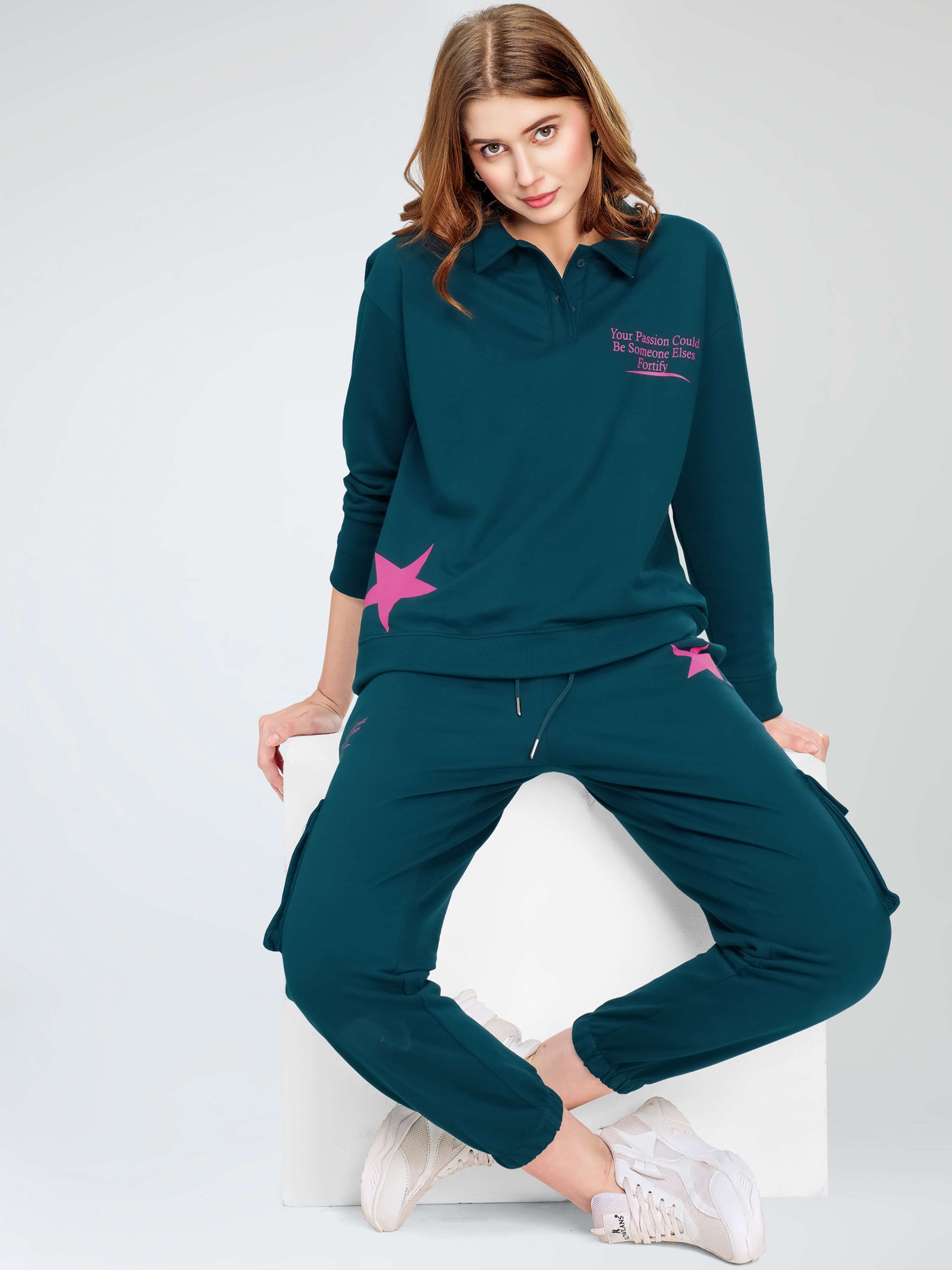 ZEYO Women's Cotton Coral Blue Track Suit Star Typography Printed Sw