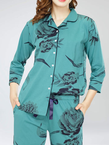 ZEYO Night Suit for Women's Sea Green Floral Printed Cotton Night Dress of Shirt and Pajama set