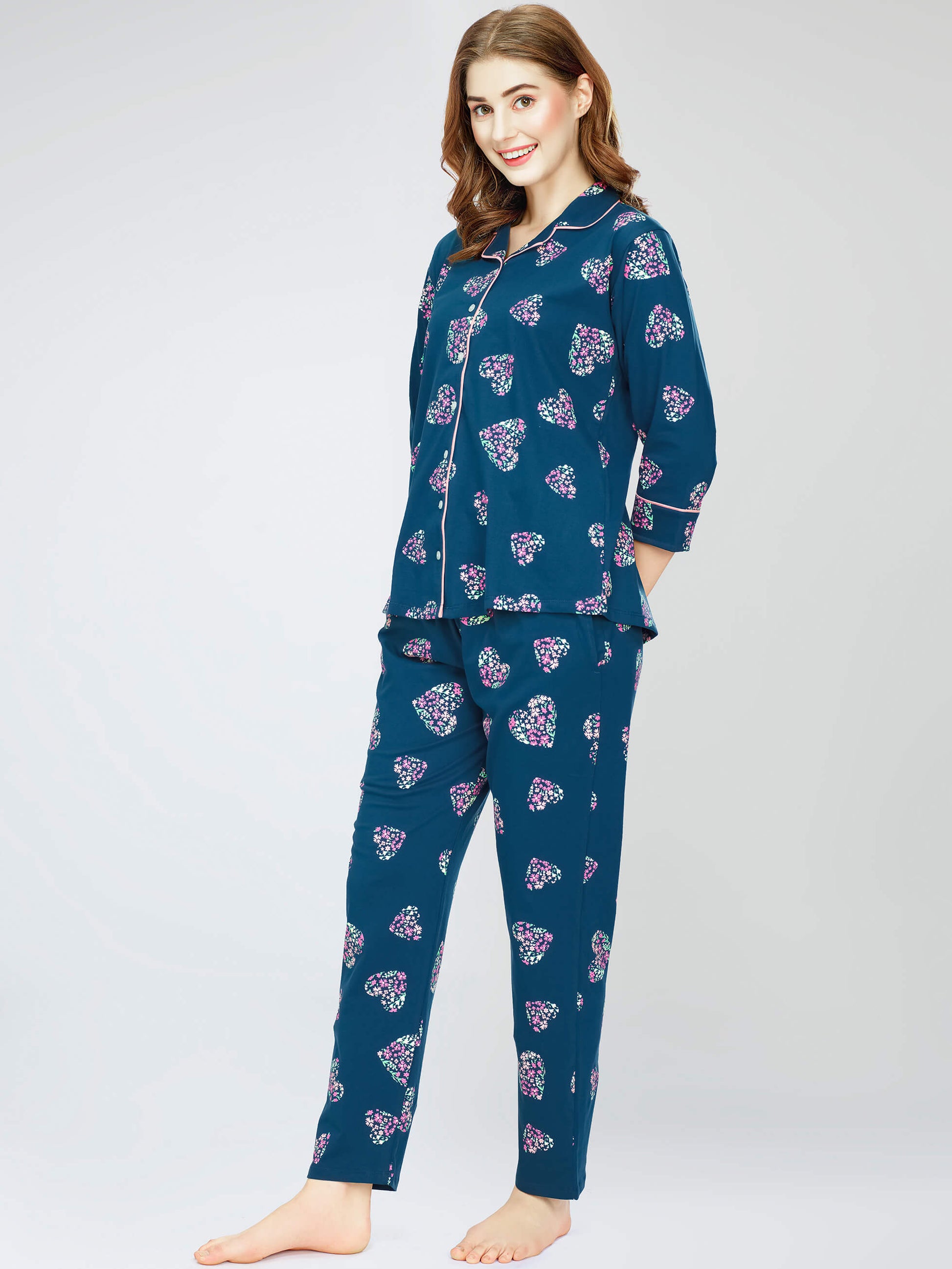 night suit set for women night suit dress for women cotton stylish latest top pajama set nightwear cotton pyjama sleeve sleep home wear ladies nursing feeding front open night shirt ZEYO night suit set co ord set for women