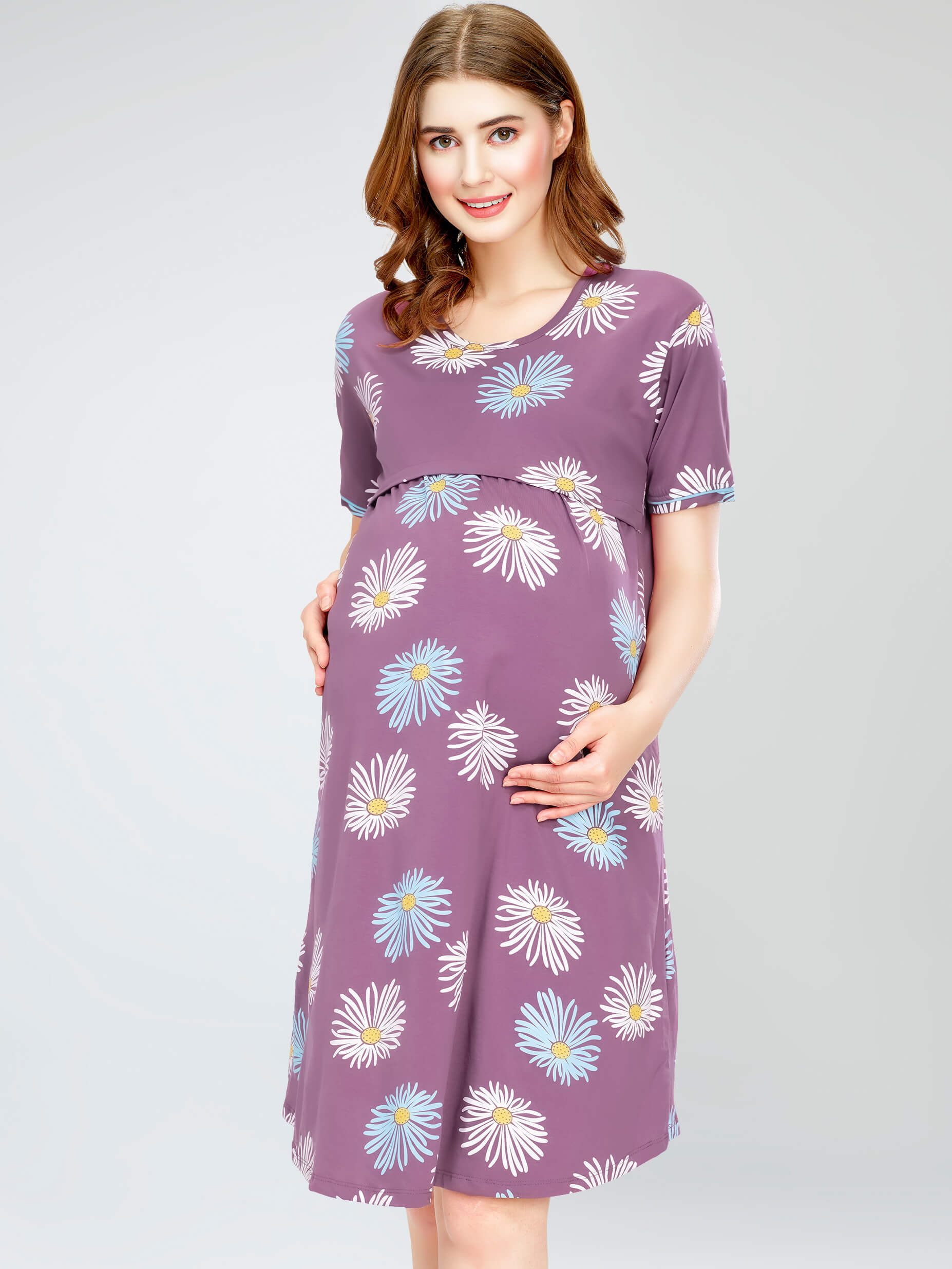 night dress feeding maternity nursing gown short nighty for women cotton horizontal zip babyfeeding breastfeeding clothes zipper