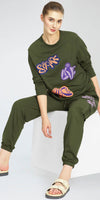 ZEYO Women's Cotton Olive Green Track Suit Typography Printed Sweatshirt Co-ords set