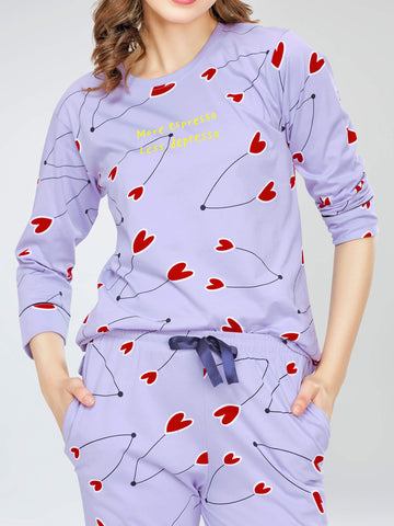 ZEYO Night Suit for Women's Lavender Heart Printed Cotton Night Dress of Top and Pajama set