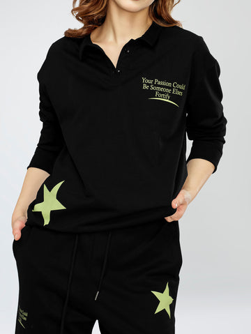 ZEYO Women's Cotton Black Track Suit Star & Typography Printed Sweatshirt Co-ords set