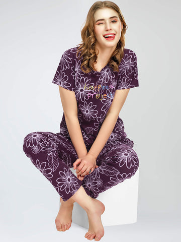 ZEYO Night Suit for Women's Wine Berry Floral Printed Cotton Night Dress of Top and Pajama set