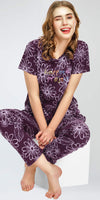 ZEYO Night Suit for Women's Wine Berry Floral Printed Cotton Night Dress of Top and Pajama set