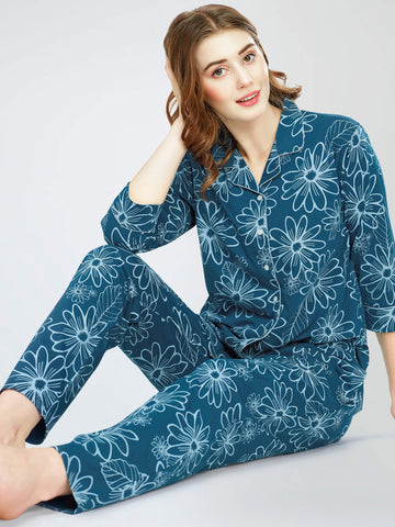 ZEYO Night Suit for Women's Teal Blue Floral Printed Cotton Night Dress of Shirt and Pajama set