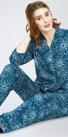 ZEYO Night Suit for Women's Teal Blue Floral Printed Cotton Night Dress of Shirt and Pajama set