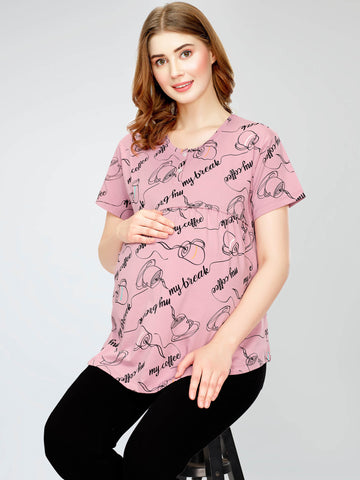 ZEYO Women's Cotton Mauve Maternity Top Cup & Saucer Printed Feeding T-shirt