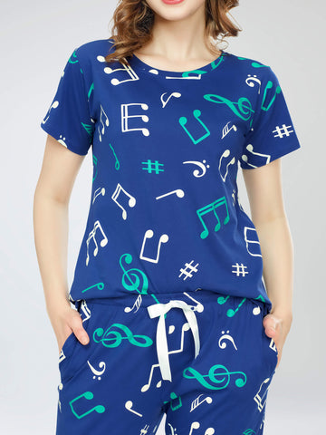 ZEYO Night Suit for Women's Blue Musical Notes Printed Cotton Night Dress of Top and Pajama set