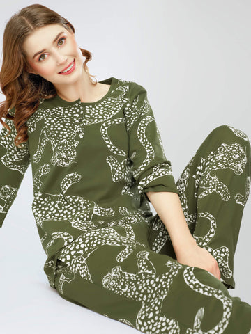 ZEYO Night Suit for Women's Olive Green Leopard Printed Cotton Night Dress of Top and Pajama set