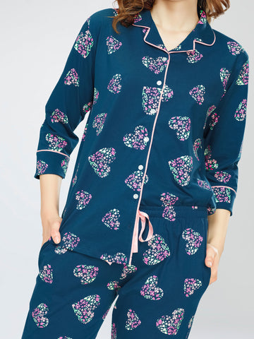 ZEYO Night Suit for Women's Teal Blue Heart Printed Cotton Night Dress of Shirt and Pajama set