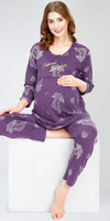 ZEYO Women's Cotton Cheetah & Floral Printed Violet Nursing & Maternity Night Suit Set of Top & Pyjama Feeding Night Dress