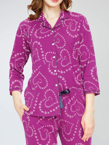 ZEYO Night Suit for Women's Purple Heart Printed Cotton Night Dress of Shirt and Pajama set