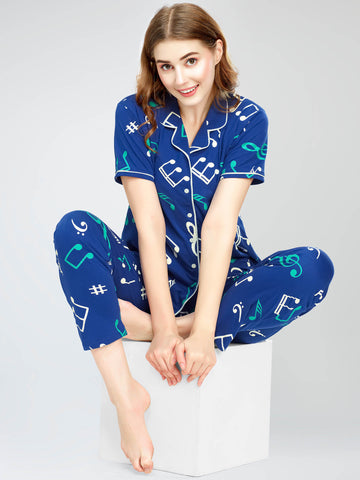 ZEYO Night Suit for Women's Blue Musical Note's Printed Cotton Night Dress of Shirt and Pajama set