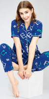 ZEYO Night Suit for Women's Blue Musical Note's Printed Cotton Night Dress of Shirt and Pajama set