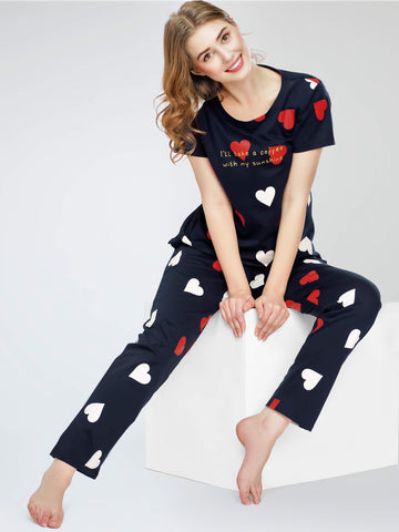 ZEYO Night Suit for Women's Navy Blue Heart Printed Cotton Night Dress of Top and Pajama set