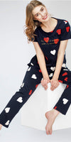 ZEYO Night Suit for Women's Navy Blue Heart Printed Cotton Night Dress of Top and Pajama set