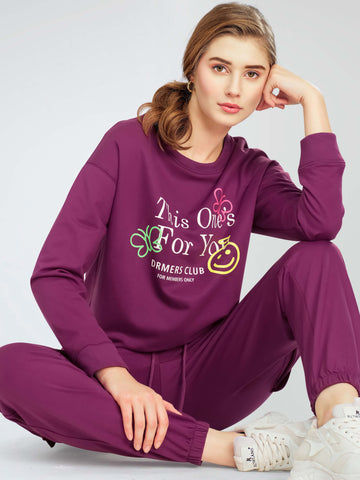 ZEYO Women's Cotton Purple Track Suit Typography Printed Sweatshirt Co-ords set