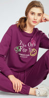 ZEYO Women's Cotton Purple Track Suit Typography Printed Sweatshirt Co-ords set