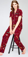 ZEYO Night Suit for Women's Maroon Printed Cotton Night Dress of Shirt and Pajama set