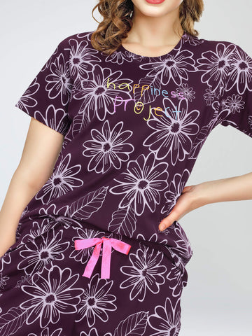 ZEYO Night Suit for Women's Wine Berry Floral Printed Cotton Night Dress of Top and Pajama set