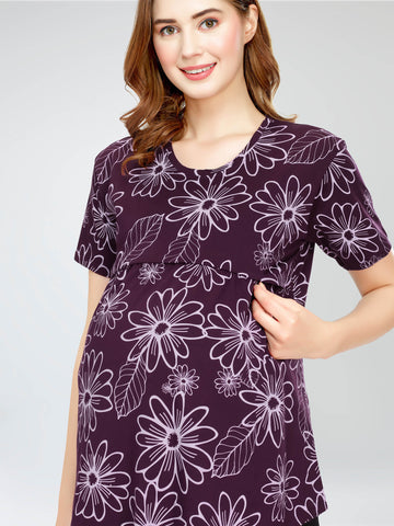 ZEYO Women's Cotton Wine Berry Maternity Top Floral Printed Feeding T-shirt