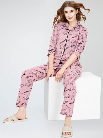 ZEYO Night Suit for Women's Mauve Cup & Saucer Printed Cotton Night Dress of Shirt and Pajama set