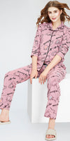 ZEYO Night Suit for Women's Mauve Cup & Saucer Printed Cotton Night Dress of Shirt and Pajama set