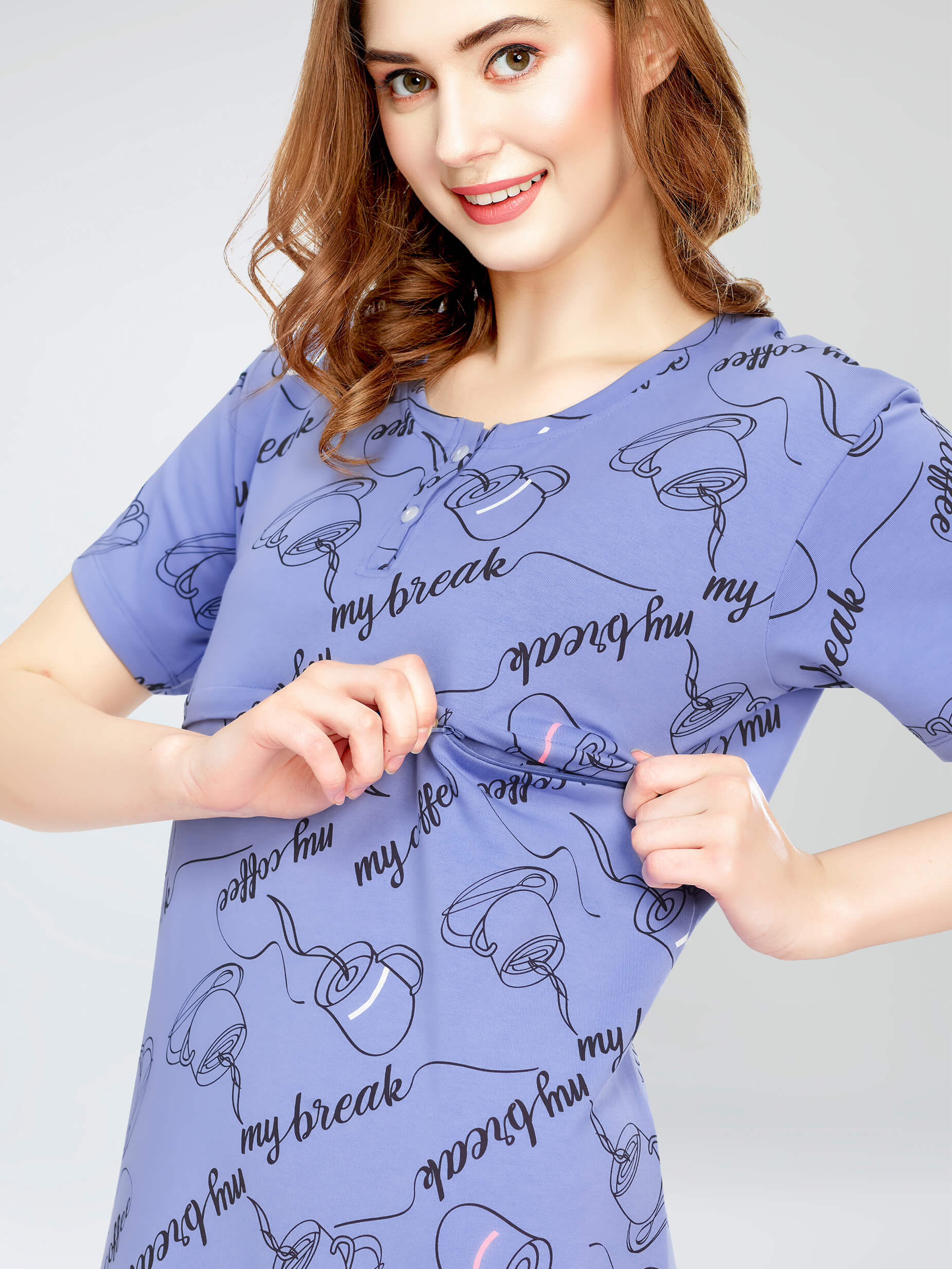 Breastfeeding Feeding Clothes ZEYO Women's Cotton Blue Night Dress