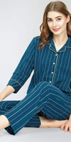 ZEYO Night Suit for Women's Teal Blue Stripe Printed Cotton Night Dress of Shirt and Pajama set