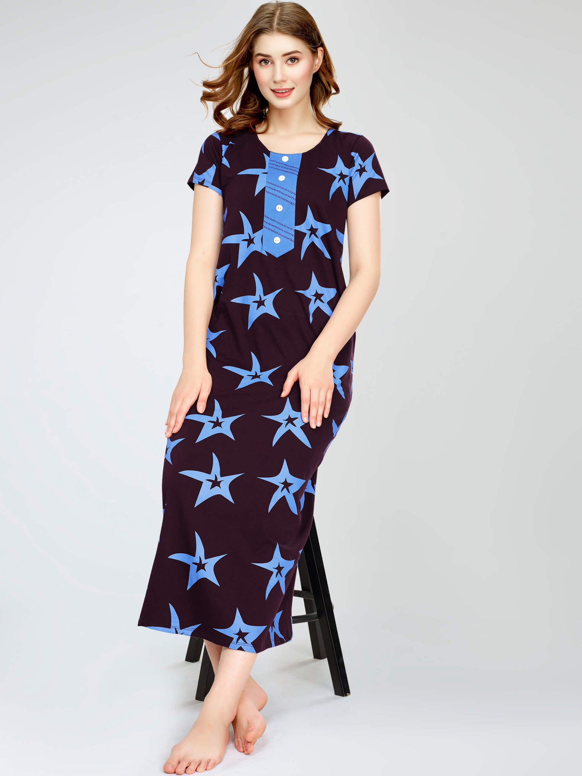 ZEYO Women's Cotton Star Printed Wine Berry Maxi Long Nighty For Women