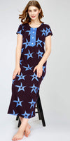 ZEYO Women's Cotton Star Printed Wine Berry Maxi Long Nighty For Women stylish