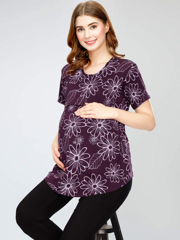 ZEYO Women's Cotton Wine Berry Maternity Top Floral Printed Feeding T-shirt