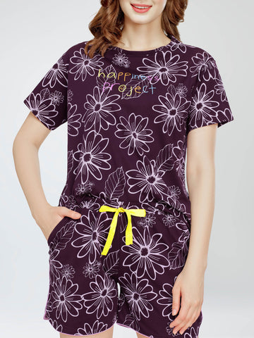 ZEYO Night Suit for Women's Wine Berry Floral Printed Cotton Night Dress of Top and Short's set